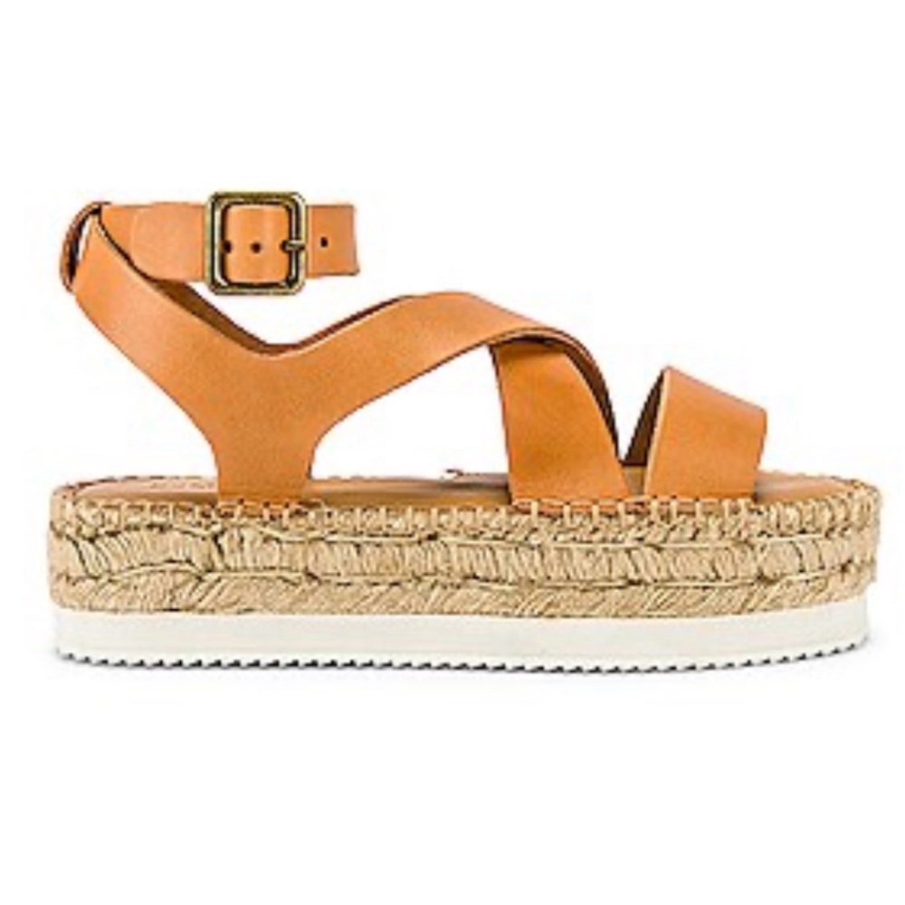Soludos Olympia Tan Leather Platform Espadrille Sandals Summer Sz 10.5 Boho Chic